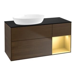 V&B Meuble sous lavabo Finion 120 cm, Pl blanc mat, Réglette dorée mat, noyer veinée