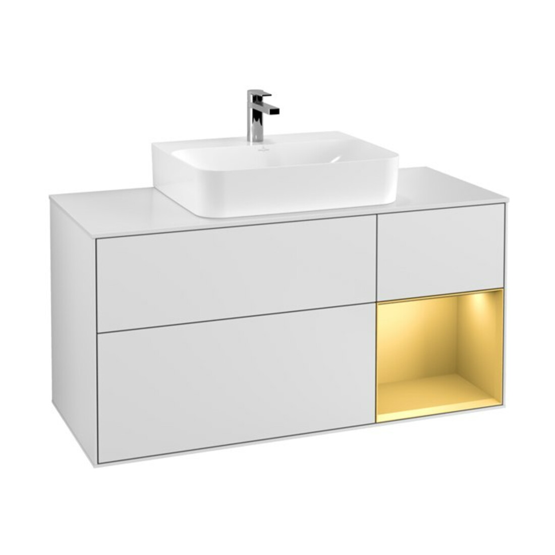 V&B Meuble sous lavabo Finion 120 cm, Pl blanc mat, Réglette droite or mat, blanc mat Lac