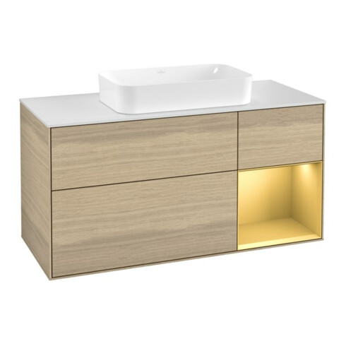 V&B Meuble sous-lavabo Finion 120 cm, pl blanc mat, réglette droite or mat, OA ven