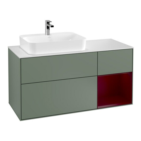 V&B Meuble sous lavabo Finion 120 cm, Pl blanc mat, réglette droite Peo, olivier mat laqué