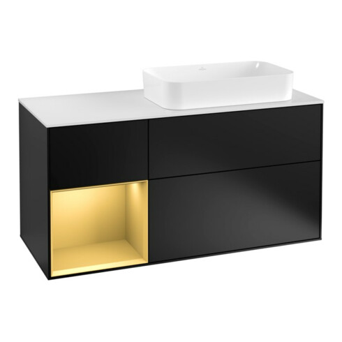 V&B Meuble sous-lavabo Finion 120 cm, pl. blanc mat, réglette gauche, poignée bleue mat