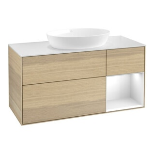 V&B Meuble sous-lavabo Finion 120 cm, Pl blanc mat, Réglette globe blanc laqué, Oa ven