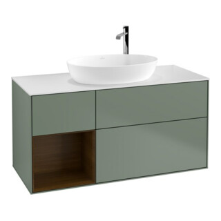 V&B Meuble sous lavabo Finion 120 cm, pl. blanc mat, réglette noyer, olivier mat laqué