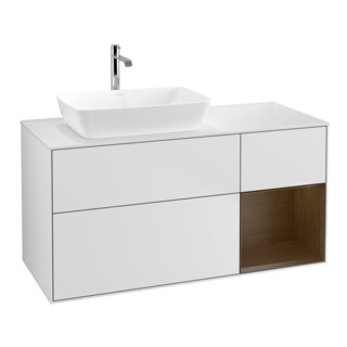 V&B Meuble sous lavabo Finion 120 cm, pl blanc mat, réglette noyer ven, blanc mat Lac