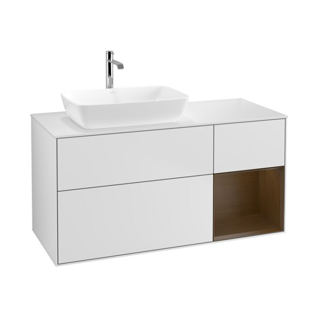 V&B Meuble sous lavabo Finion 120 cm, pl blanc mat, réglette noyer ven, blanc mat Lac