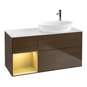 V&B Meuble sous lavabo Finion 120 cm, Pl blanc mat, réglette or mat Lac, noyer ven