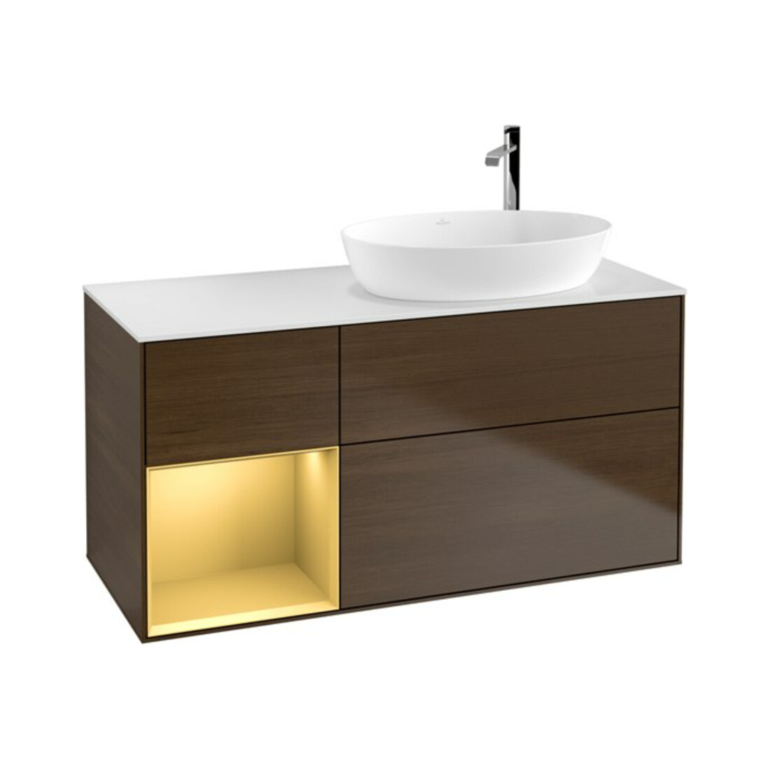 V&B Meuble sous lavabo Finion 120 cm, Pl blanc mat, réglette or mat Lac, noyer ven