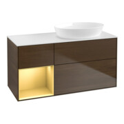 V&B Meuble sous lavabo Finion 120 cm, pl. blanc mat, réglette or mat, noyer veinée