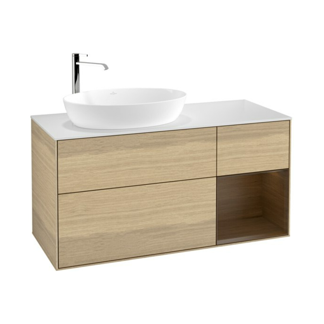 V&B Meuble sous lavabo Finion 120 cm, pl blanc mat, régule noyer veinée, ouvrant noyer veinée