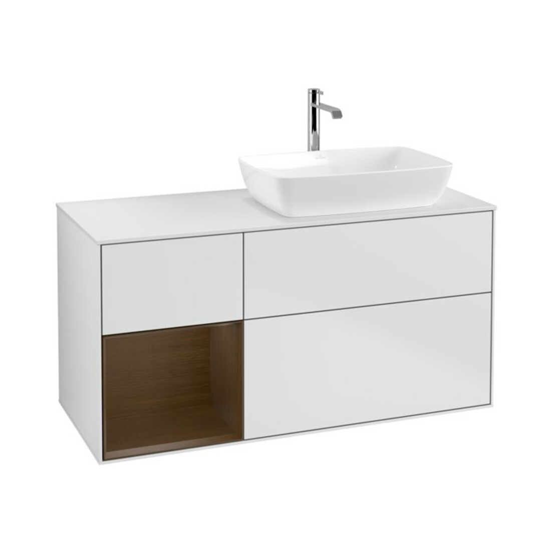 V&B Meuble sous-lavabo Finion 120 cm, pl blanc mat, régule noyer verni, blanc mat laqué