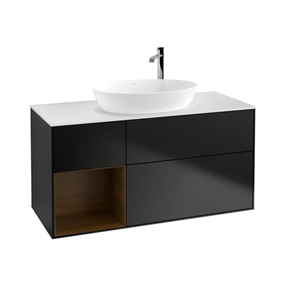 V&B Meuble sous-lavabo Finion 120 cm, pl blanc mat, régule noyer verni, bleu mat lacqué