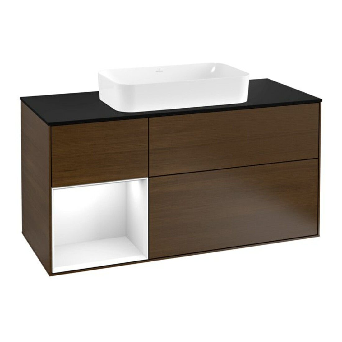 V&B Meuble sous lavabo Finion 120 cm, Pl blanc mat, Rg gauche brillant blanc, noyer veneer