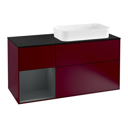 V&B Meuble sous lavabo Finion 120 cm, Pl blanc mat, Rg gauche, miroir bleu mat, Peo mat