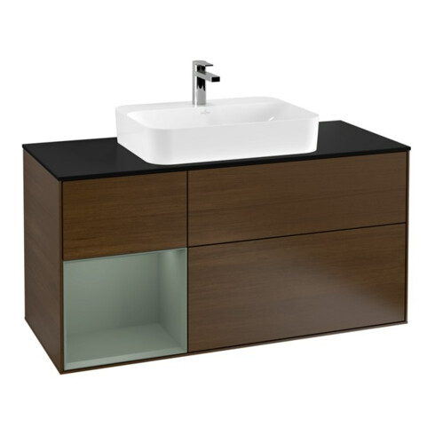 V&B Meuble sous lavabo Finion 120 cm, Pl blanc mat, Rg gauche, Olivine mat Lac, noyer veinée