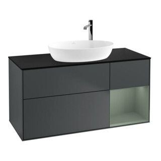 V&B Meuble sous lavabo Finion 120 cm, Pl blanc mat, Rg olivier mat laqué, avec bl. mat laqué