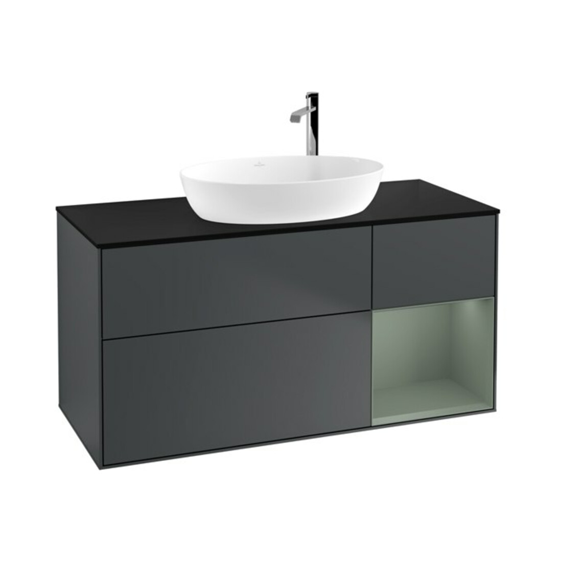 V&B Meuble sous lavabo Finion 120 cm, Pl blanc mat, Rg olivier mat laqué, avec bl. mat laqué