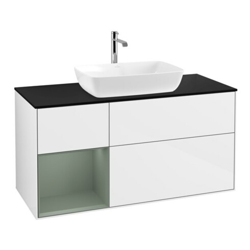 V&B Meuble sous lavabo Finion 120 cm, Pl blanc mat, Rg olivier mat laqué, blanc brillant laqué