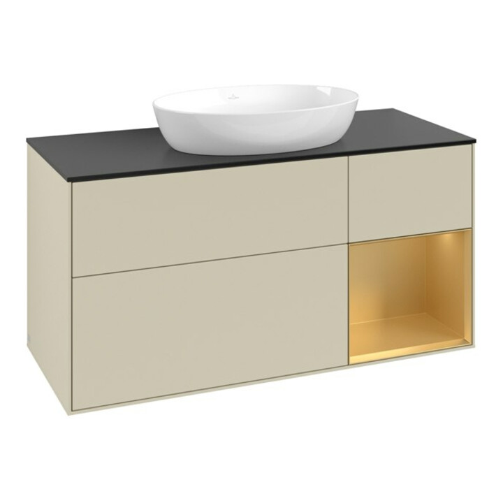 V&B Meuble sous lavabo Finion 120 cm, Pl blanc mat, Rg or mat laqué, si gris mat laqué