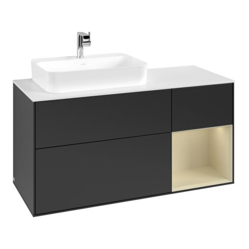 V&B Meuble sous lavabo Finion 120 cm, Pl blanc mat, Rg rouge satin, G mat, La, bleu mat laqué