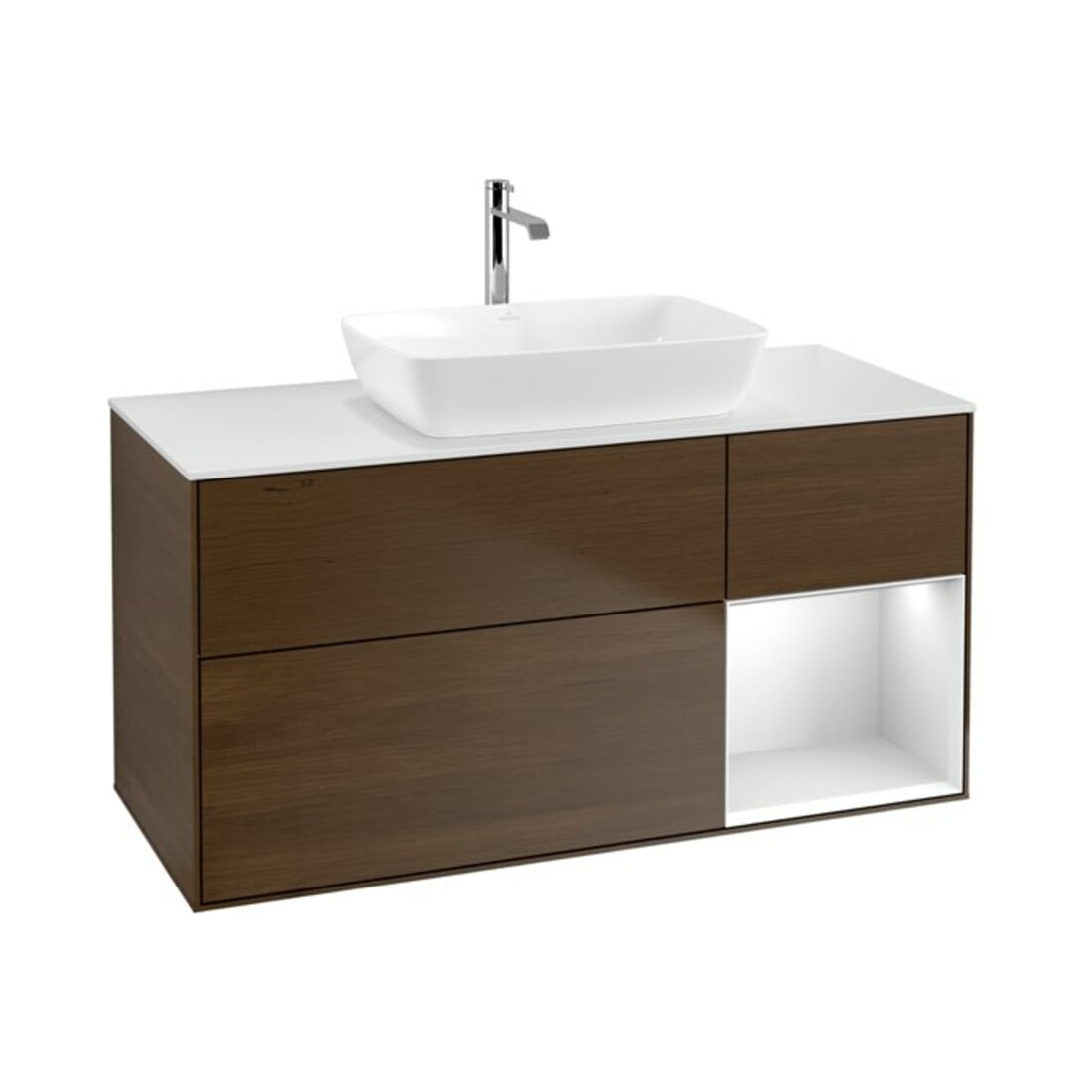V&B Meuble sous-lavabo Finion 120 cm, Pl blanc mat, Tiroir blanc mat Lac, noyer veinée