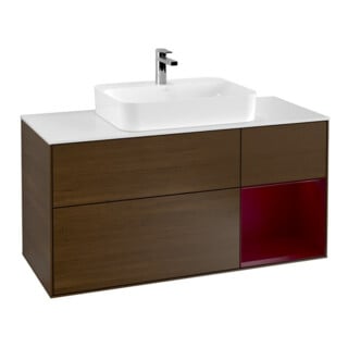V&B Meuble sous-lavabo Finion 120 cm, pl blanc mat, tiroir droit Peo, noyer ven