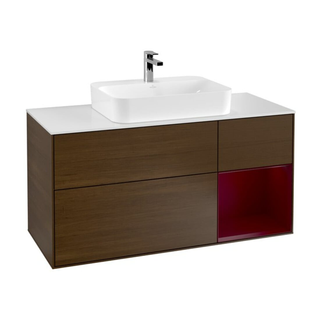 V&B Meuble sous-lavabo Finion 120 cm, pl blanc mat, tiroir droit Peo, noyer ven