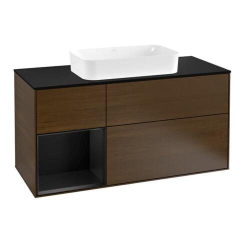 V&B Meuble sous lavabo Finion 120 cm, Pl blanc mat, Tiroir gauche bleu mat Lac, noyer veiné