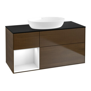 V&B Meuble sous lavabo Finion 120 cm, Pl blanc mat, Tiroir global blanc laqué, noyer veneer
