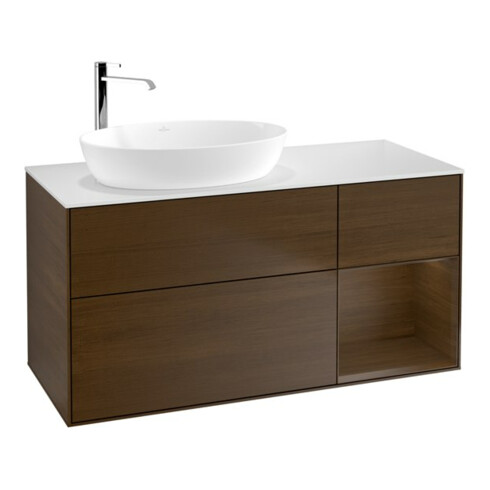 V&B Meuble sous-lavabo Finion 120 cm, Pl blanc mat, tiroir noyer ven.