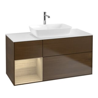 V&B Meuble sous lavabo Finion 120 cm, Pl blanc mat, tiroir Oa ven, noyer ven