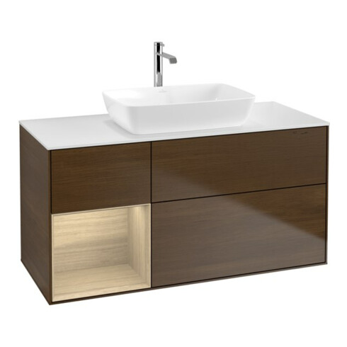 V&B Meuble sous lavabo Finion 120 cm, Pl blanc mat, tiroir Oa ven, noyer ven
