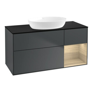 V&B Meuble sous-lavabo Finion 120 cm, Pl blanc mat, tiroir ouvert, médium bleu mat laqué
