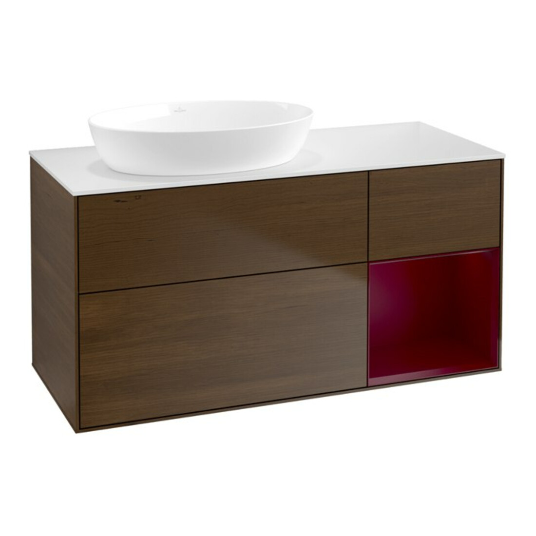 V&B Meuble sous-lavabo Finion 120 cm, Pl blanc mat, tiroir Peo mat laqué, noyer veiné