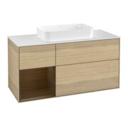 V&B Meuble sous lavabo Finion 120 cm, pl blanc, porte gauche, tiroir bois ven.