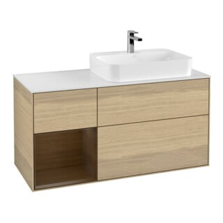 V&B Meuble sous lavabo Finion 120 cm, pl blanc, rég gauche, ven chêne, ven oa
