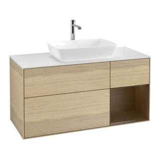 V&B Meuble sous lavabo Finion 120 cm, pl. blanc, réglette noyer, poignées noyer