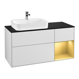 V&B Meuble sous lavabo Finion 120 cm, Pl bleu, éclairage mural, étagère réglable, blanc, Lac