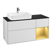 V&B Meuble sous lavabo Finion 120 cm, Pl bleu, éclairage mural, étagère réglable, blanc, Lac