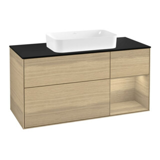 V&B Meuble sous lavabo Finion 120 cm, Pl bleu, éclairage mural, tiroir droit Oa ven