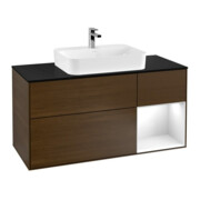 V&B Meuble sous lavabo Finion 120 cm, Pl bleu, Étagère droite, éclairage mural blanc, veinage noyer