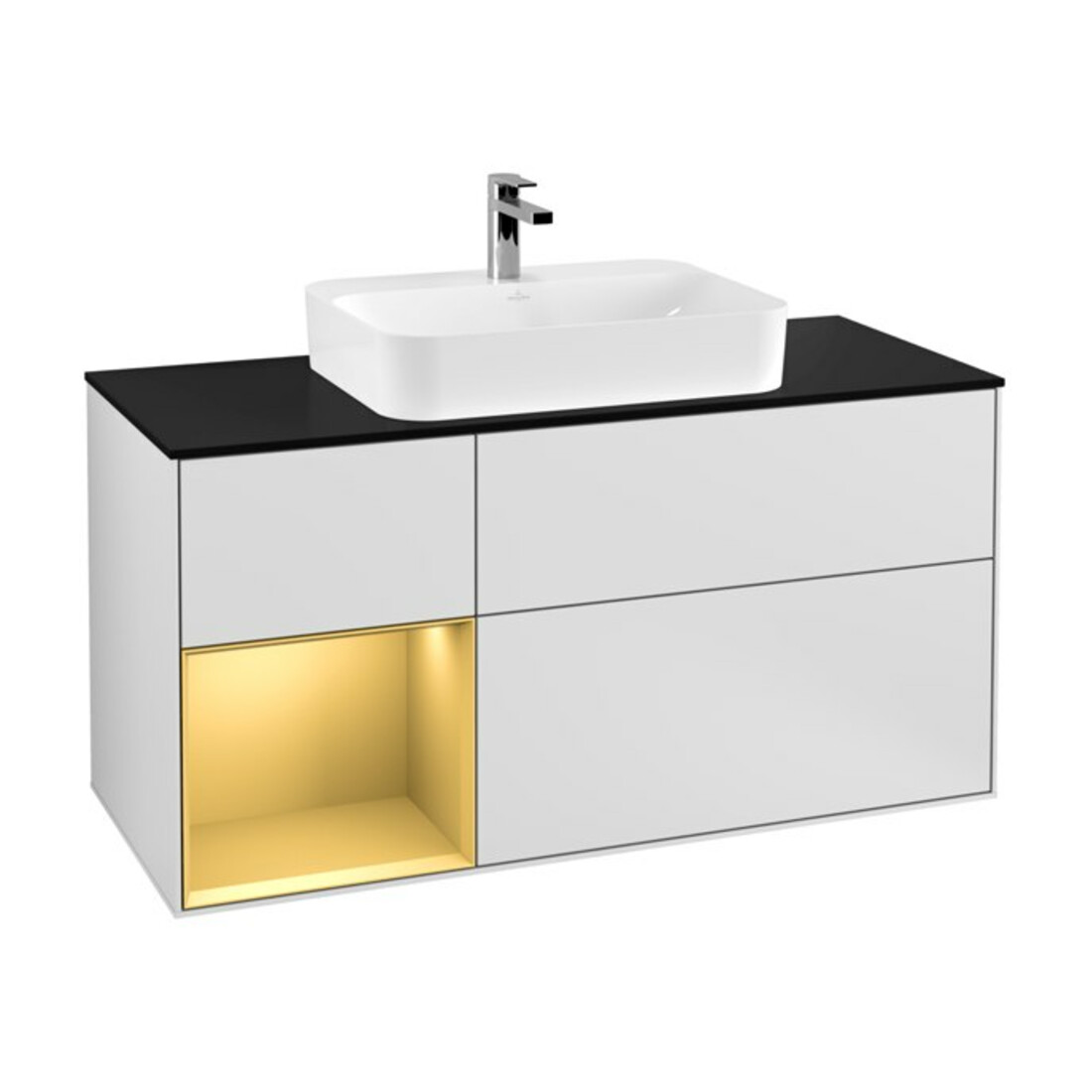 V&B Meuble sous lavabo Finion 120 cm, Pl bleu, étagère gauche, blanc, Lac