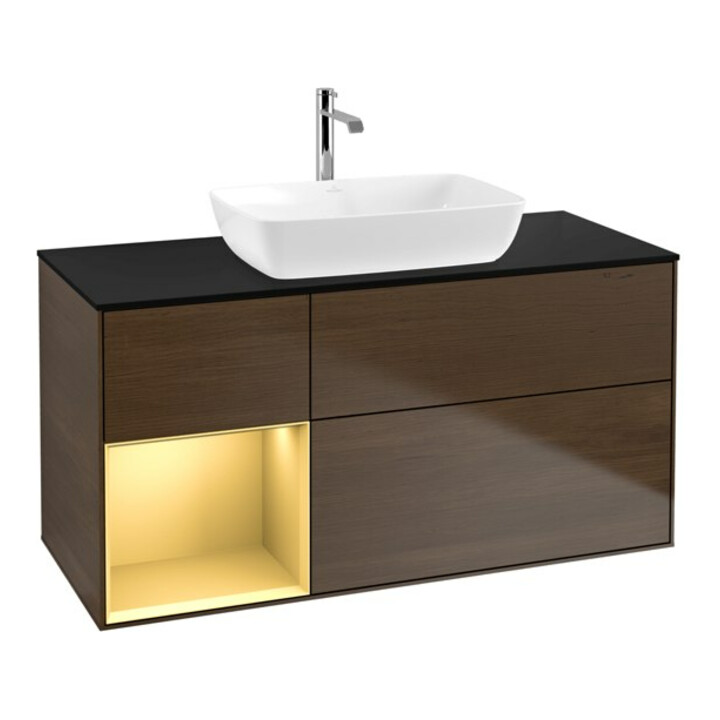 V&B Meuble sous-lavabo Finion 120 cm, Pl bleu, Étagère or, Noyer veiné, Éclairage mural