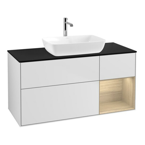 V&B Meuble sous lavabo Finion 120 cm, Pl bleu, étagère ouverte, blanc laqué, avec éclairage mural