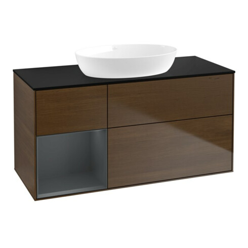 V&B Meuble sous-lavabo Finion 120 cm, Pl bleu m, Étag md m Lac, noyer veiné