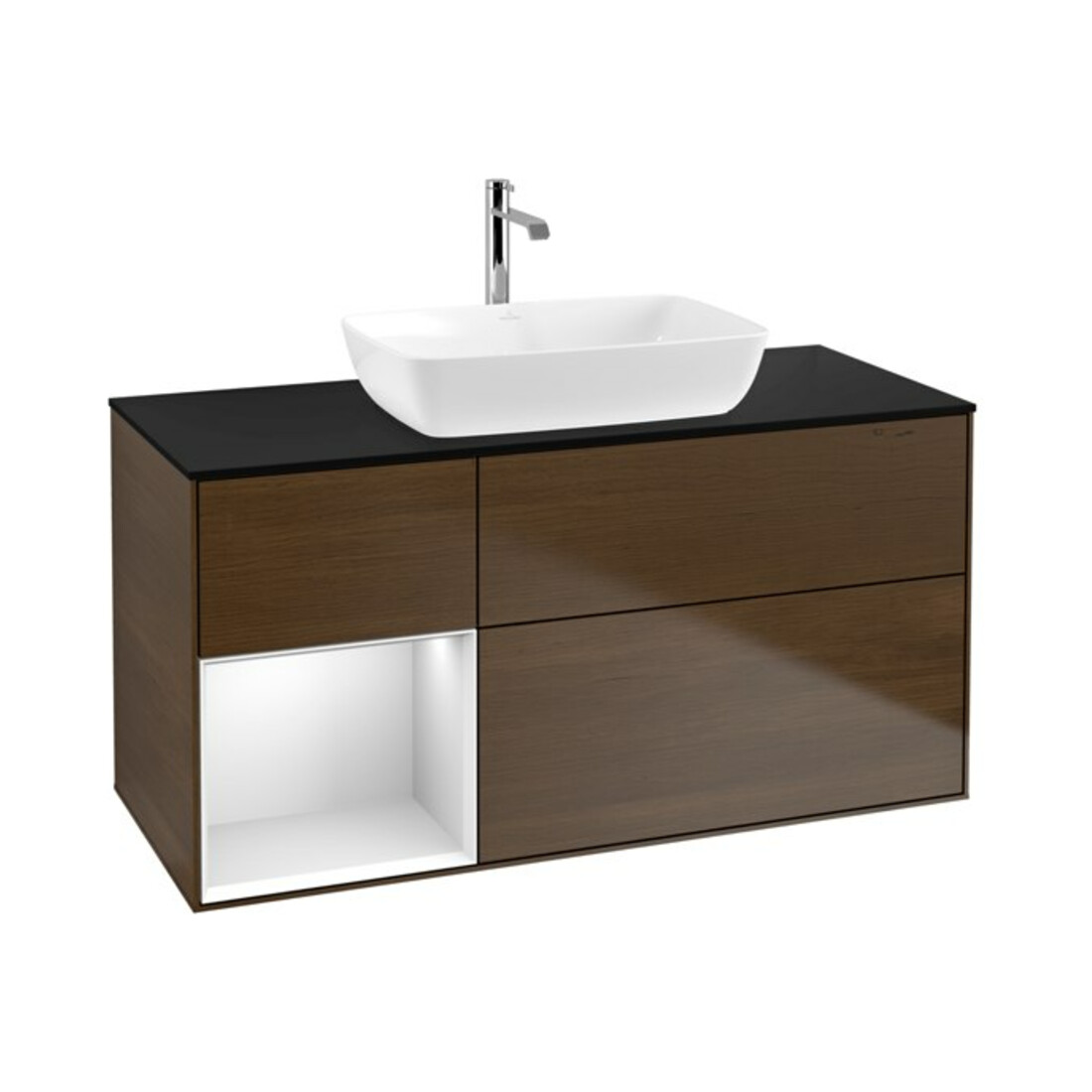 V&B Meuble sous lavabo Finion 120 cm, Pl bleu m, Étagère blanche m Lac, noyer ven