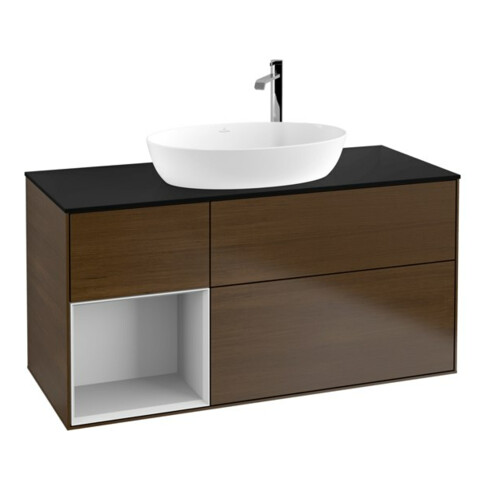 V&B Meuble sous lavabo Finion 120 cm, Pl bleu m, Étagère blanche m Lac, ven noyer