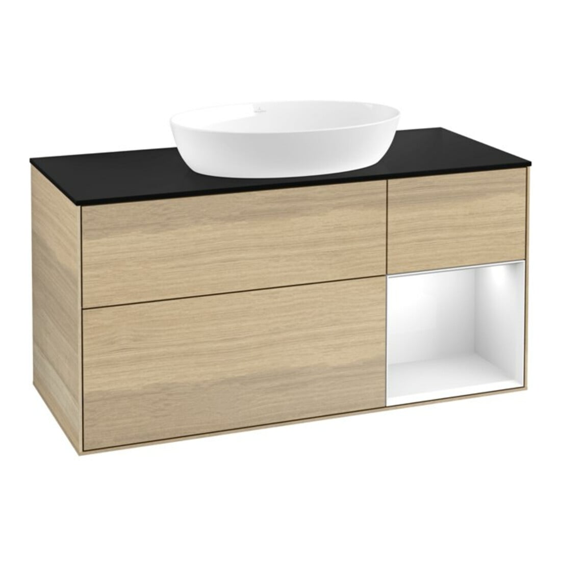 V&B Meuble sous-lavabo Finion 120 cm, Pl bleu m, Étagère gla wh. Lac, Oa ven
