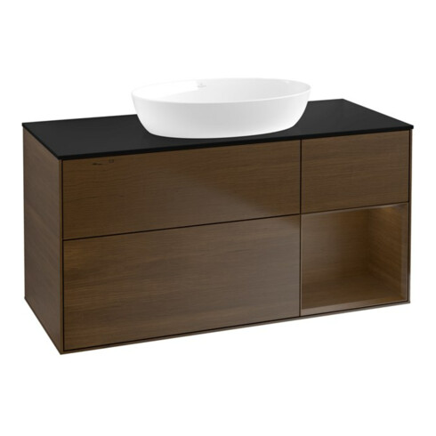 V&B Meuble sous-lavabo Finion 120 cm, Pl bleu m, étagère noyer ven, noyer ven