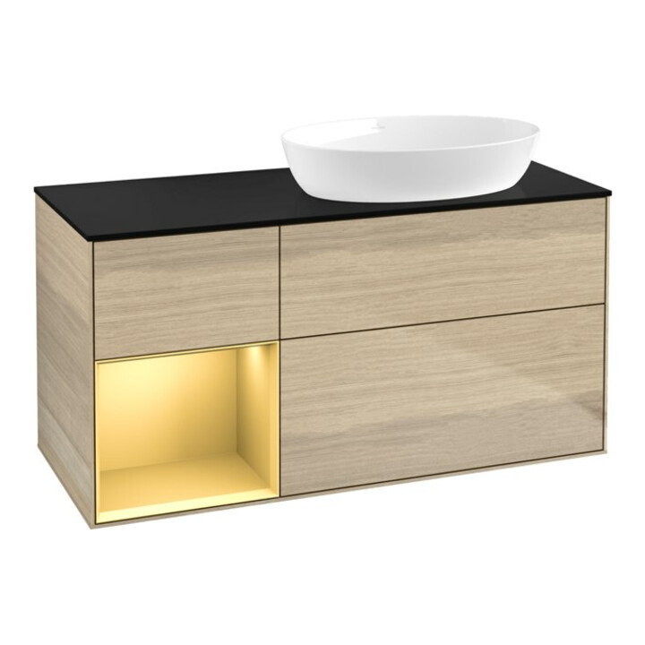 V&B Meuble sous lavabo Finion 120 cm, Pl bleu m, Étagère or m Lac, Oa ven