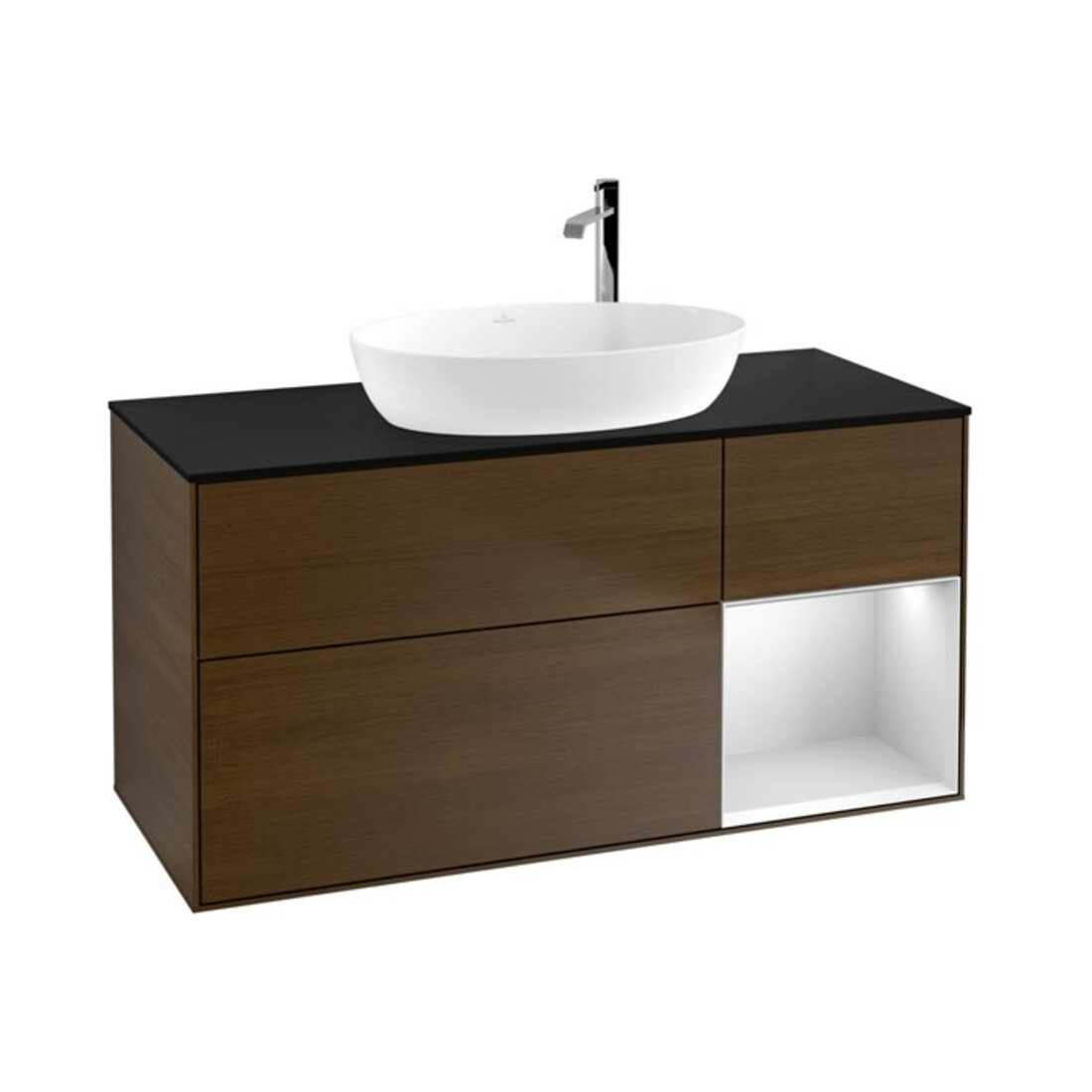 V&B Meuble sous-lavabo Finion 120 cm, Pl bleu mat, étagère blanche avec laque, noyer veinée